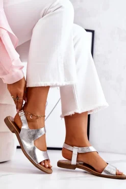 Boto Sandały Płaskie*Skórzane Sandały Na Sprzączkę Lewski 3041 Srebrne