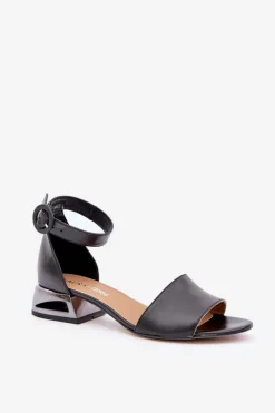 Laura Messi Sandały Na Obcasie|Sandały Płaskie*Skórzane Sandały Na Srebrnym Obcasie 2143 Czarne