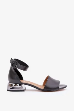 Laura Messi Sandały Na Obcasie|Sandały Płaskie*Skórzane Sandały Na Srebrnym Obcasie 2143 Czarne