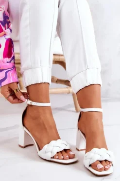 Damskie Boto Skórzane Sandały Na Słupku Białe Lorelei