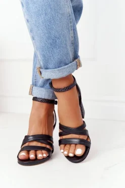 Damskie Boto Skórzane Sandały Na Słupku Czarne Visconi 4400476