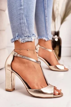 Damskie Laura Messi Skórzane Sandały Na Słupku 1916 Złote