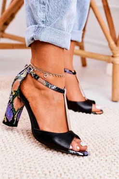 Damskie Laura Messi Skórzane Sandały Na Słupku 1916 Wzór Zwierzęcy Czarne