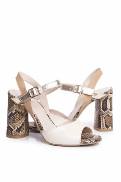 Outlet Laura Messi Skórzane Sandały Na Słupku 2136 Złoto Beżowe