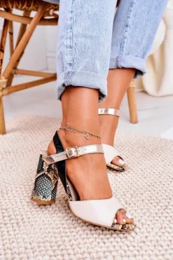 Laura Messi Sandały Na Obcasie*Skórzane Sandały Na Słupku 2136 Złoto Czarne