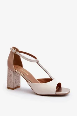 Sale Laura Messi Skórzane Sandały Na Słupku 2759 Beżowe Beżowy