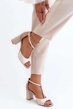 Sale Laura Messi Skórzane Sandały Na Słupku 2759 Beżowe Beżowy