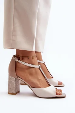 Sale Laura Messi Skórzane Sandały Na Słupku 2759 Beżowe Beżowy