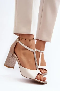 Sale Laura Messi Skórzane Sandały Na Słupku 2759 Beżowe Beżowy