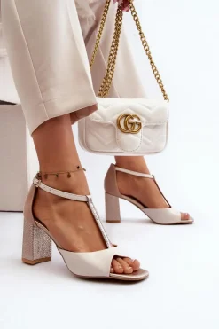 Sale Laura Messi Skórzane Sandały Na Słupku 2759 Beżowe Beżowy