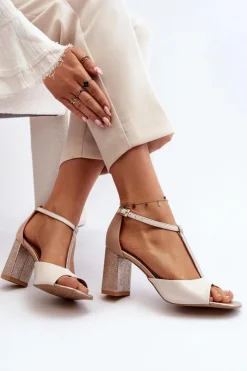 Sale Laura Messi Skórzane Sandały Na Słupku 2759 Beżowe Beżowy