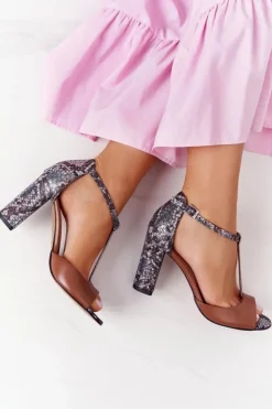 Damskie Laura Messi Skórzane Sandały Na Słupku 1916 Brązowe