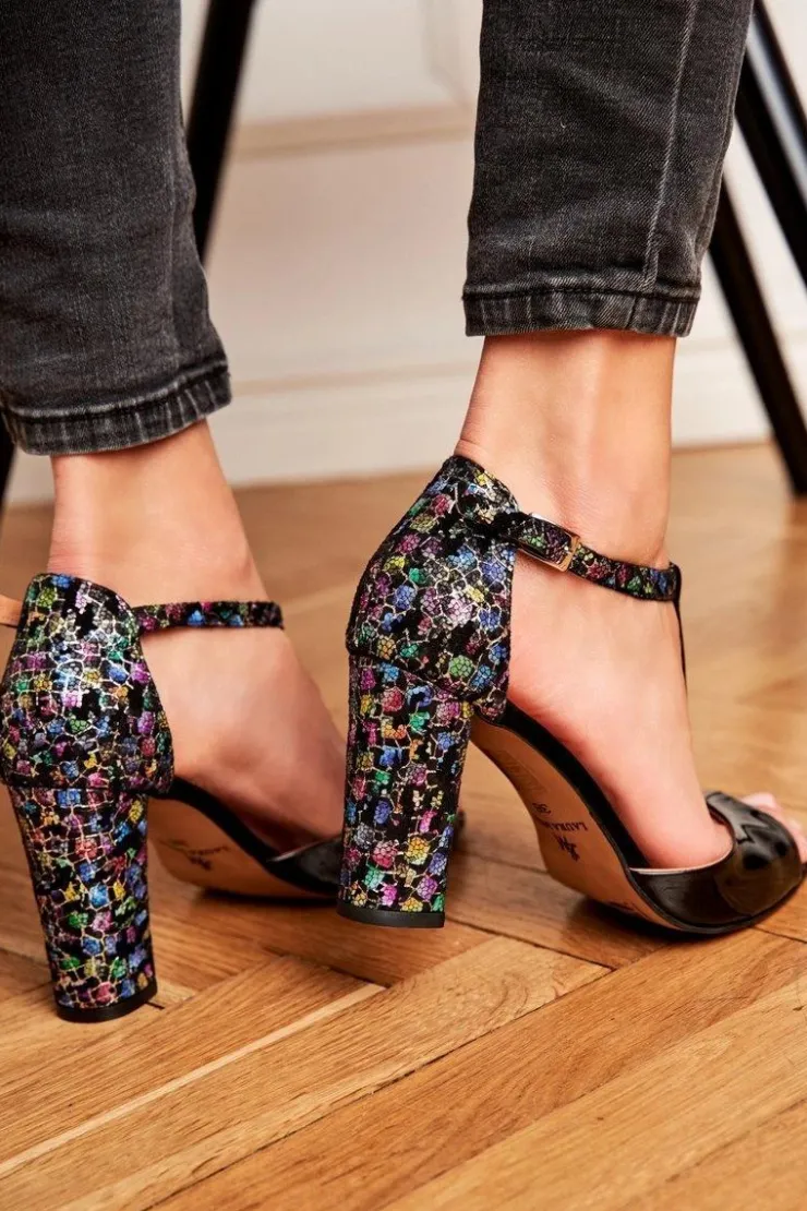 Damskie Laura Messi Skórzane Sandały Na Słupku 1916 Lakierowane Czarne