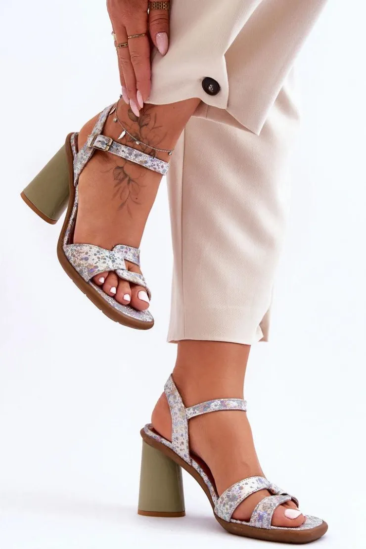 Online Maciejka Skórzane Sandały Na Słupku 06029-24 Biało-Zielone Biały