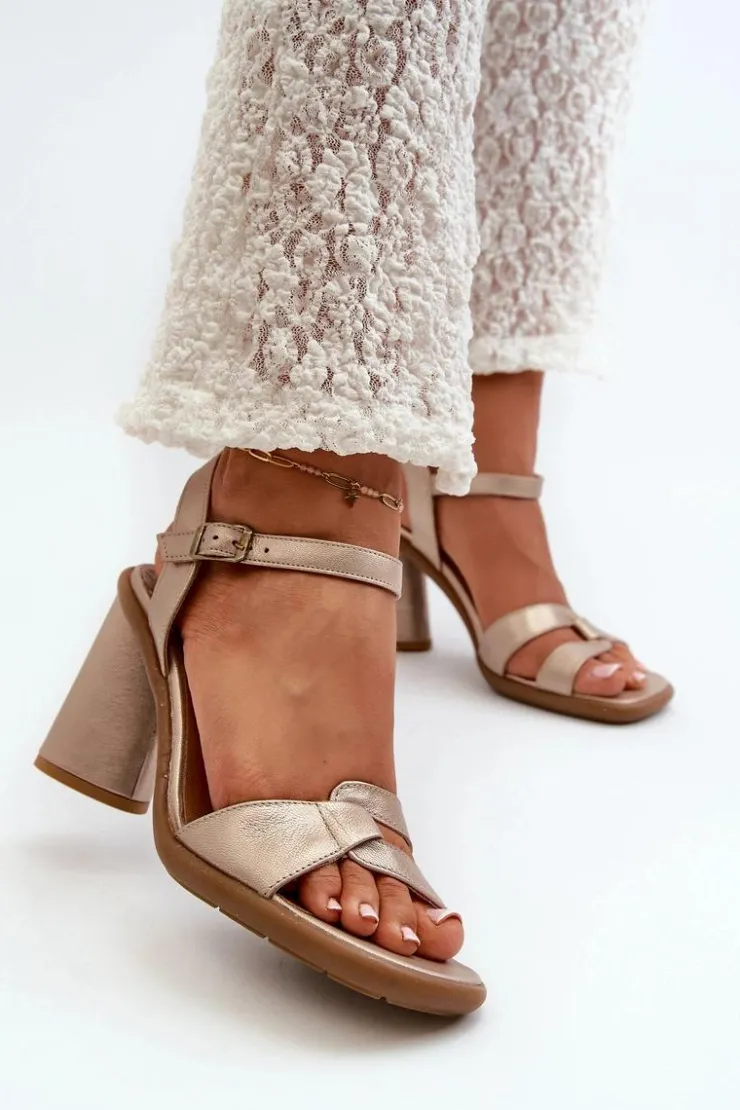 Damskie Maciejka Skórzane Sandały Na Słupku 06029-25 Złote