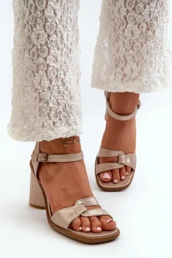 Damskie Maciejka Skórzane Sandały Na Słupku 06029-25 Złote