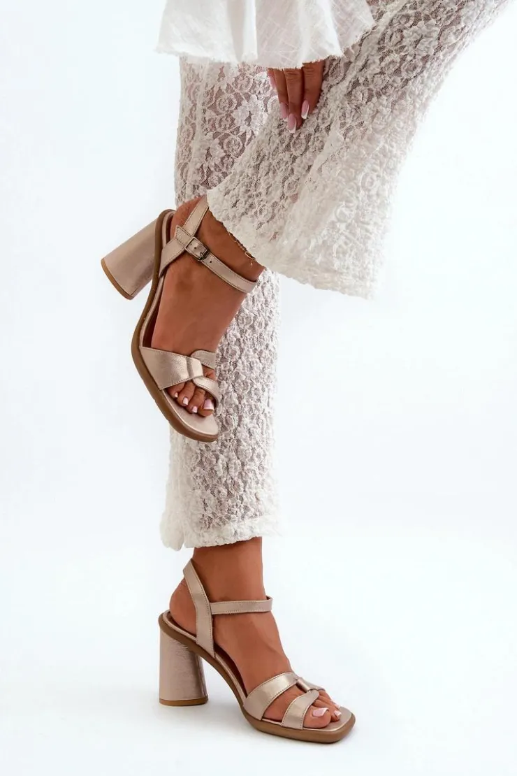 Damskie Maciejka Skórzane Sandały Na Słupku 06029-25 Złote