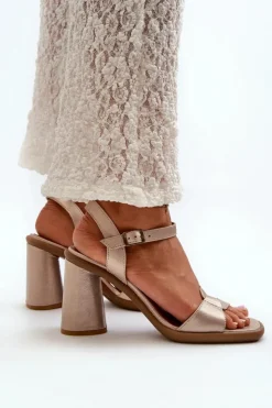 Damskie Maciejka Skórzane Sandały Na Słupku 06029-25 Złote