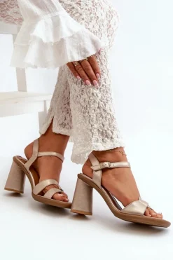 Damskie Maciejka Skórzane Sandały Na Słupku 06029-25 Złote