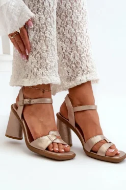 Damskie Maciejka Skórzane Sandały Na Słupku 06029-25 Złote