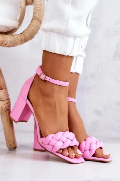 Damskie Boto Skórzane Sandały Na Słupku Różowe Lorelei