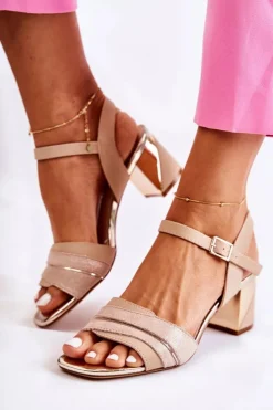 Buty Sergio Leone Sandały Na Obcasie*Skórzane Sandały Na Słupku Różowo-Złote Corane