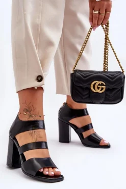 Damskie Boto Skórzane Sandały Na Słupku S.Barski 80-4 Czarne