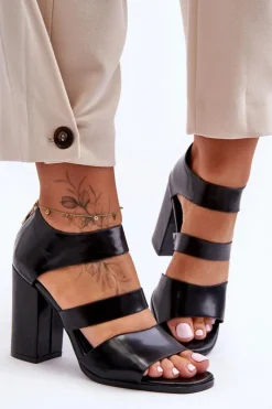 Damskie Boto Skórzane Sandały Na Słupku S.Barski 80-4 Czarne