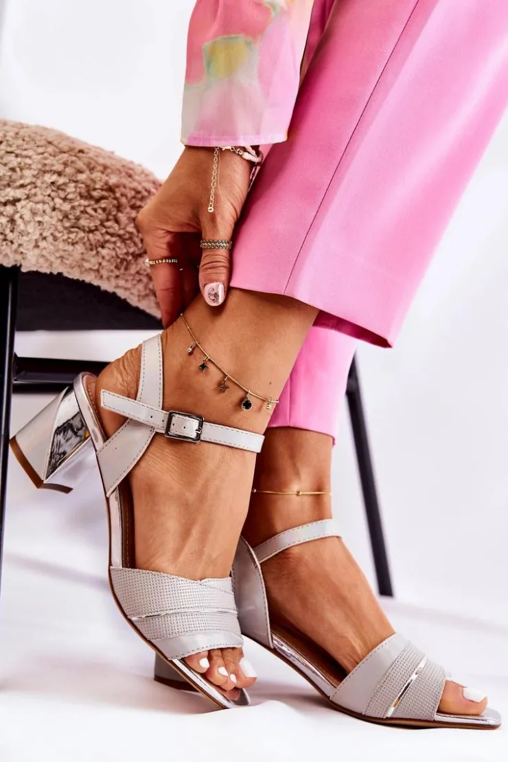 Damskie Buty Sergio Leone Skórzane Sandały Na Słupku Srebrne Corane