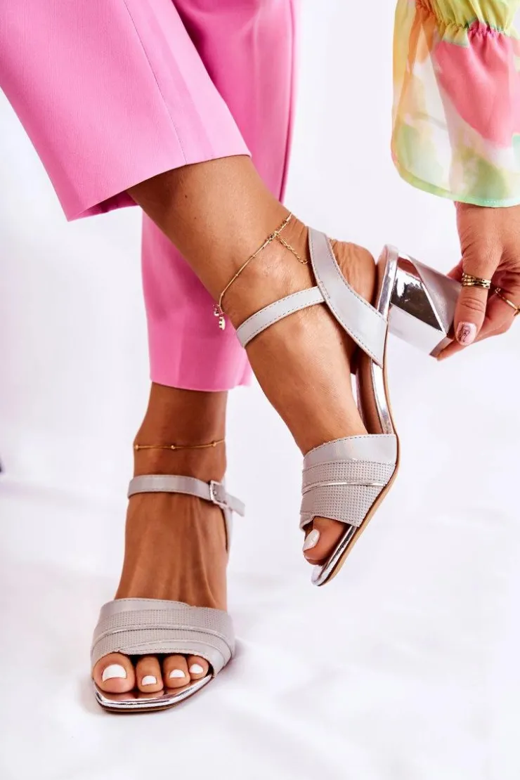 Damskie Buty Sergio Leone Skórzane Sandały Na Słupku Srebrne Corane