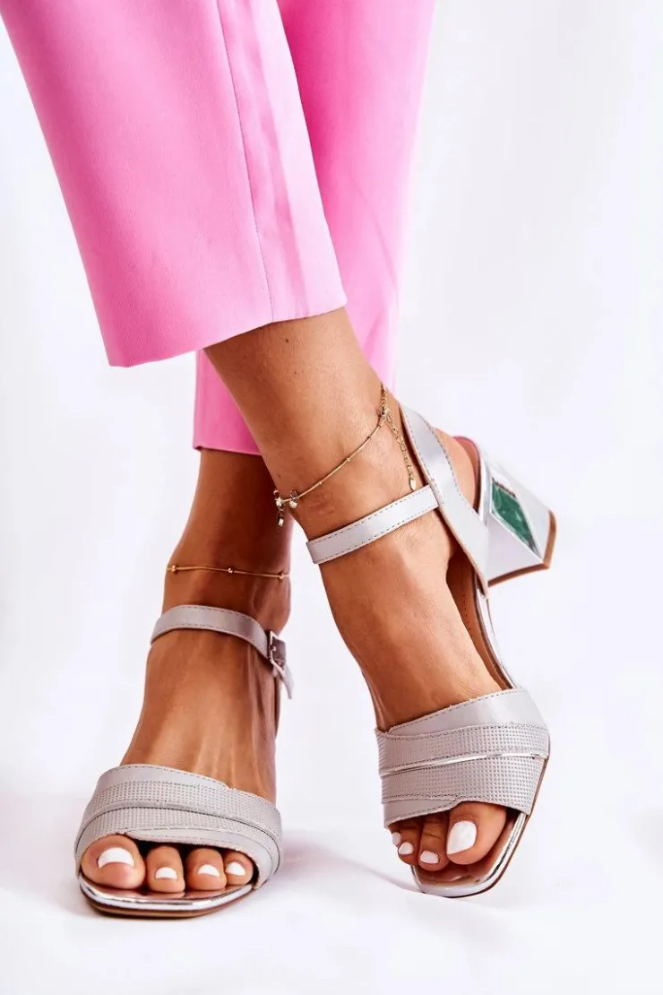 Damskie Buty Sergio Leone Skórzane Sandały Na Słupku Srebrne Corane