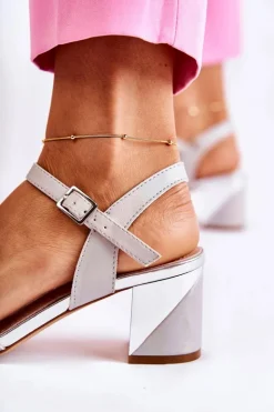 Damskie Buty Sergio Leone Skórzane Sandały Na Słupku Srebrne Corane