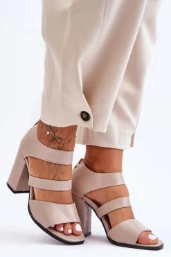 Damskie Boto Skórzane Sandały Na Słupku S.Barski 80-4 Beżowe