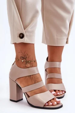 Damskie Boto Skórzane Sandały Na Słupku S.Barski 80-4 Beżowe