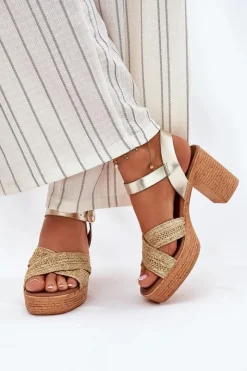 Zazoo Sandały Na Słupku|Sandały Na Obcasie*Skórzane Sandały Na Słupku Z Plecionką Na Paskach 40460 Złote Złoty