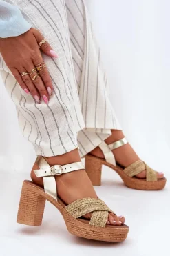 Zazoo Sandały Na Słupku|Sandały Na Obcasie*Skórzane Sandały Na Słupku Z Plecionką Na Paskach 40460 Złote Złoty