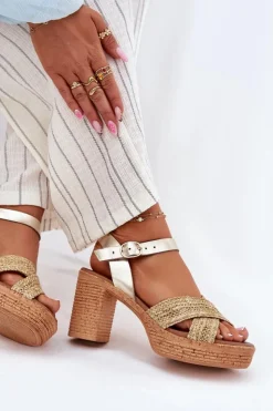 Zazoo Sandały Na Słupku|Sandały Na Obcasie*Skórzane Sandały Na Słupku Z Plecionką Na Paskach 40460 Złote Złoty