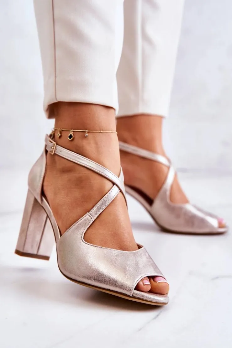 Damskie Buty Sergio Leone Skórzane Sandały Na Słupku Złote Lorita