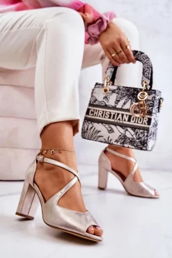 Damskie Buty Sergio Leone Skórzane Sandały Na Słupku Złote Lorita