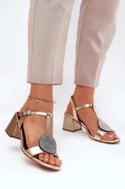 Damskie buty S.Barski Skórzane Sandały Na Słupku Z Ozdobą D&A JC51-842 Złote Złoty