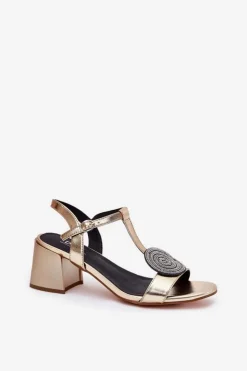 Damskie buty S.Barski Skórzane Sandały Na Słupku Z Ozdobą D&A JC51-842 Złote Złoty