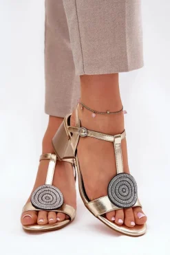 Damskie buty S.Barski Skórzane Sandały Na Słupku Z Ozdobą D&A JC51-842 Złote Złoty