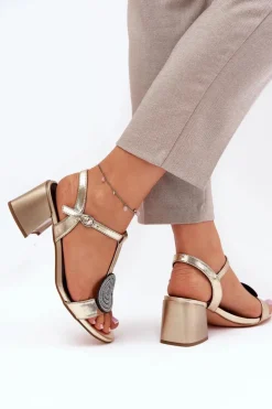 Damskie buty S.Barski Skórzane Sandały Na Słupku Z Ozdobą D&A JC51-842 Złote Złoty