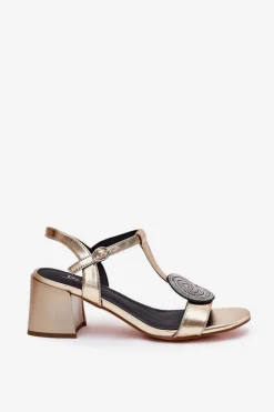 Damskie buty S.Barski Skórzane Sandały Na Słupku Z Ozdobą D&A JC51-842 Złote Złoty
