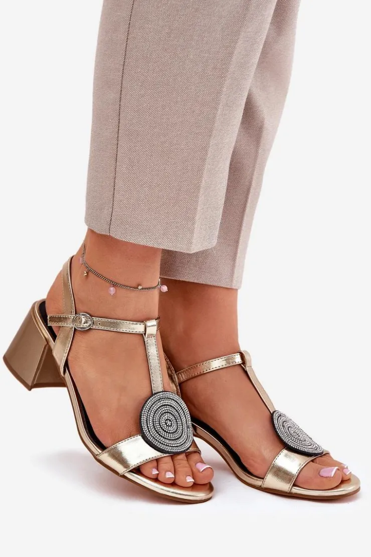 Damskie buty S.Barski Skórzane Sandały Na Słupku Z Ozdobą D&A JC51-842 Złote Złoty