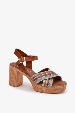 New Zazoo Skórzane Sandały Na Słupku Z Plecionką Na Paskach 40460 Brązowe Brązowy