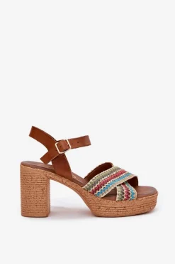 New Zazoo Skórzane Sandały Na Słupku Z Plecionką Na Paskach 40460 Brązowe Brązowy