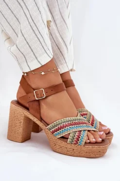 New Zazoo Skórzane Sandały Na Słupku Z Plecionką Na Paskach 40460 Brązowe Brązowy
