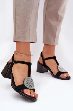 Damskie buty S.Barski Sandały Na Słupku|Sandały Na Obcasie*Skórzane Sandały Na Słupku Z Ozdobą D&A JC51-842 Czarne Czarny