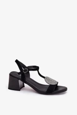 Damskie buty S.Barski Sandały Na Słupku|Sandały Na Obcasie*Skórzane Sandały Na Słupku Z Ozdobą D&A JC51-842 Czarne Czarny